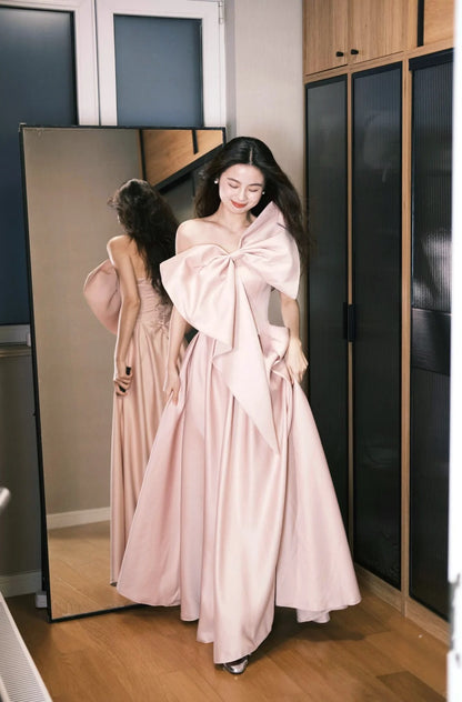 Sweet Pink A-Line Oversized Bow Satin Long Prom Dress Birthday Dress P4773