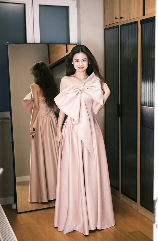 Sweet Pink A-Line Oversized Bow Satin Long Prom Dress Birthday Dress P4773