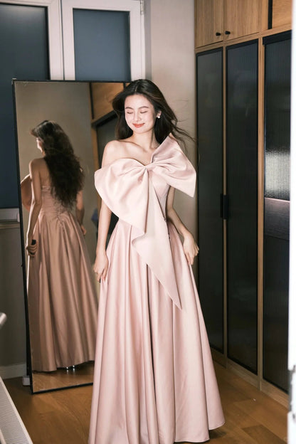 Sweet Pink A-Line Oversized Bow Satin Long Prom Dress Birthday Dress P4773