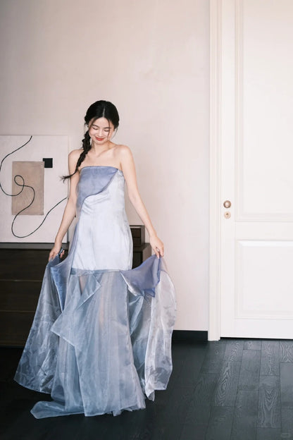 Stunning Strapless Mermaid Layered Tulle Train Prom Dress Evening Dress P4774