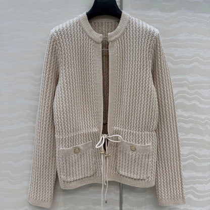 Chanel 26c Rhinestone Buckle Belt Cardigan Beige Wool 333717