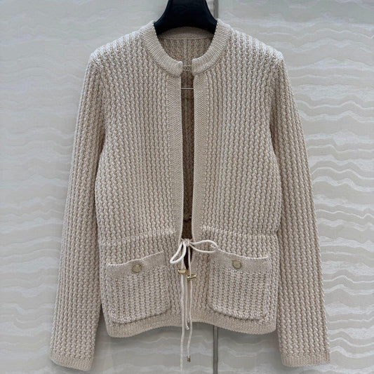 Chanel 26c Rhinestone Buckle Belt Cardigan Beige Wool 333717