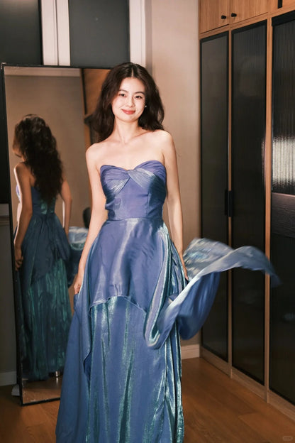 Dreamy Blue Strapless A-Line Satin Long Prom Dress Evening Dress P4776