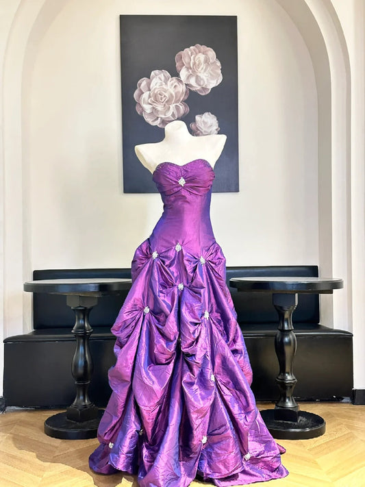 Vintage Purple Strapless Rhinestone Ruffled Satin Long Prom Dress Evening Dress P4777