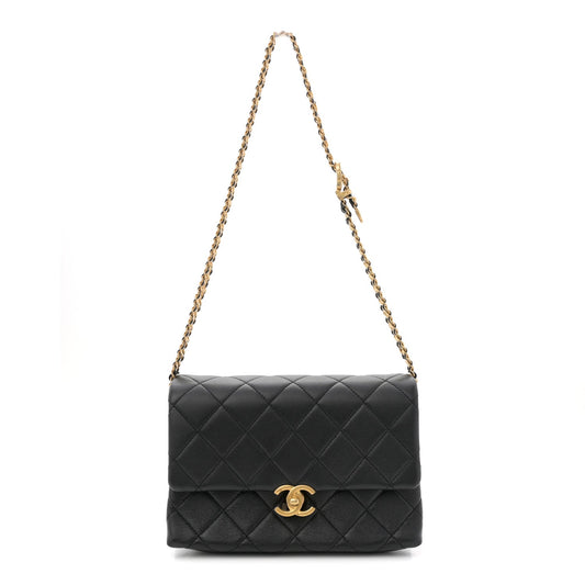 Calfskin Quilted Belt Chain Flap Black