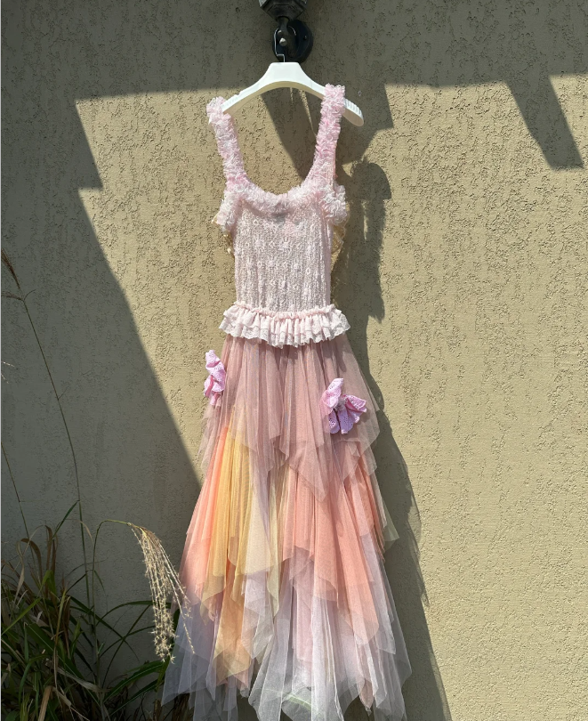 Dreamy Gradient Spaghetti Strap Lace Trim Layered Tulle Long Prom Dress Birthday Dress P4778