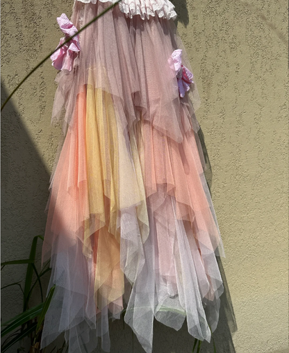 Dreamy Gradient Spaghetti Strap Lace Trim Layered Tulle Long Prom Dress Birthday Dress P4778