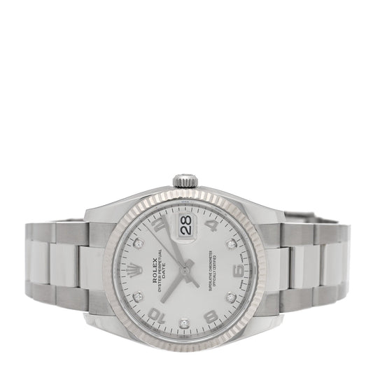 Stainless Steel 18K White Gold Diamond 34mm Oyster Perpetual Date Watch Silver 115234