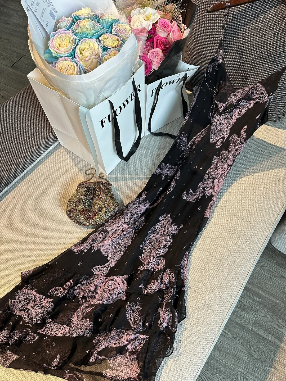 Vintage Black Pink Print Spaghetti Strap Mermaid Tulle Long Prom Dress Evening Dress P4779