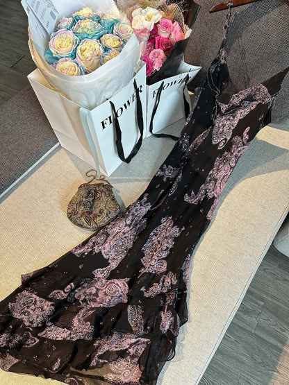 Vintage Black Pink Print Spaghetti Strap Mermaid Tulle Long Prom Dress Evening Dress P4779