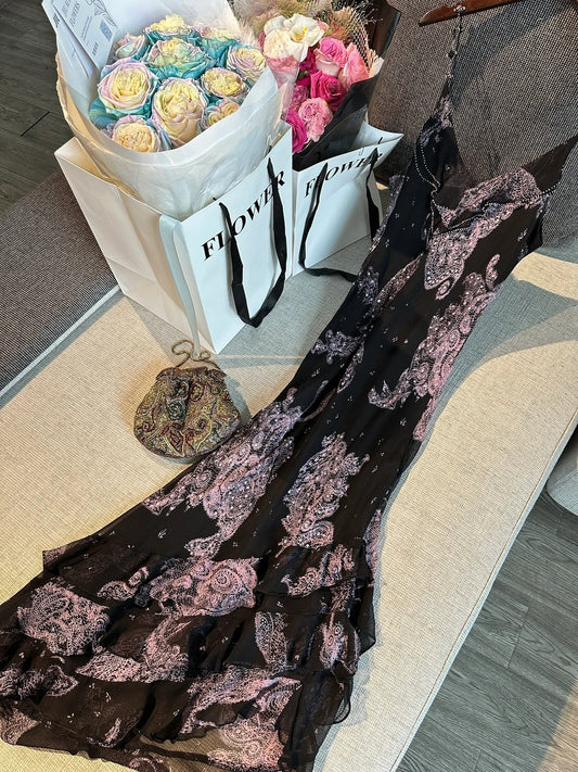 Vintage Black Pink Print Spaghetti Strap Mermaid Tulle Long Prom Dress Evening Dress P4779