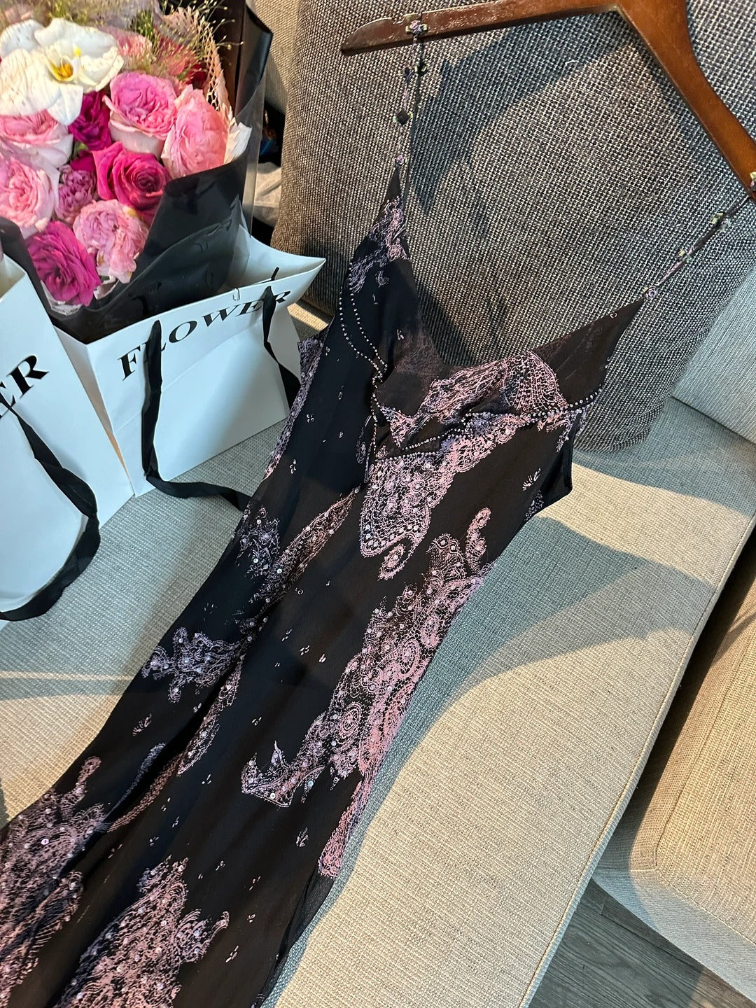 Vintage Black Pink Print Spaghetti Strap Mermaid Tulle Long Prom Dress Evening Dress P4779