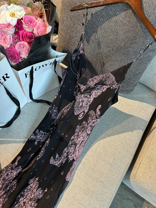 Vintage Black Pink Print Spaghetti Strap Mermaid Tulle Long Prom Dress Evening Dress P4779