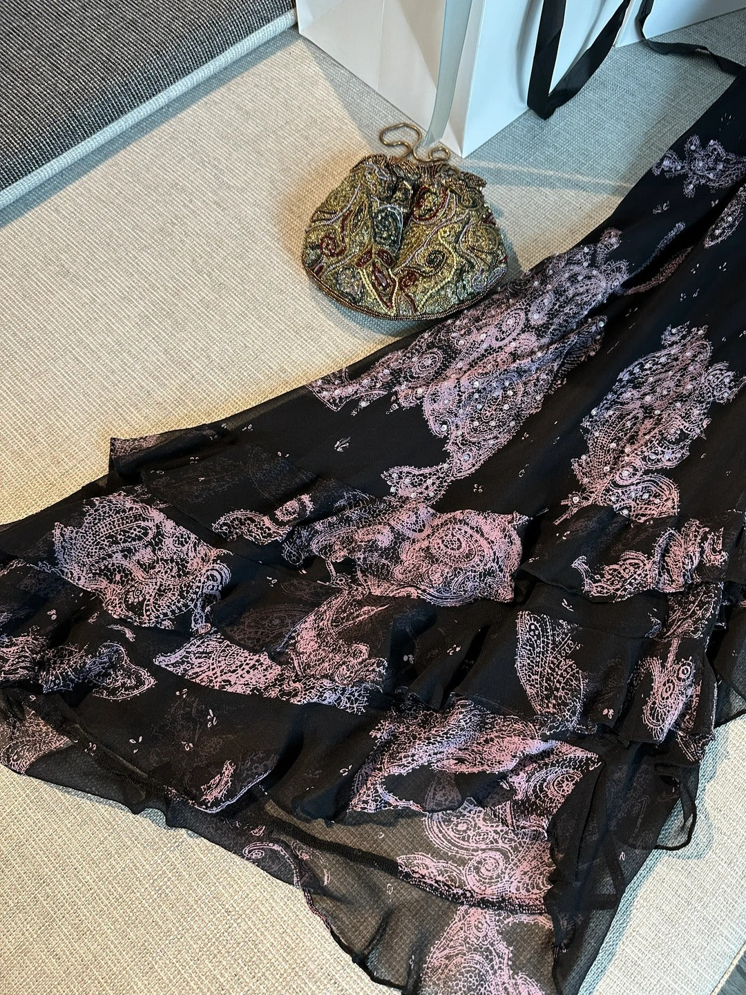 Vintage Black Pink Print Spaghetti Strap Mermaid Tulle Long Prom Dress Evening Dress P4779