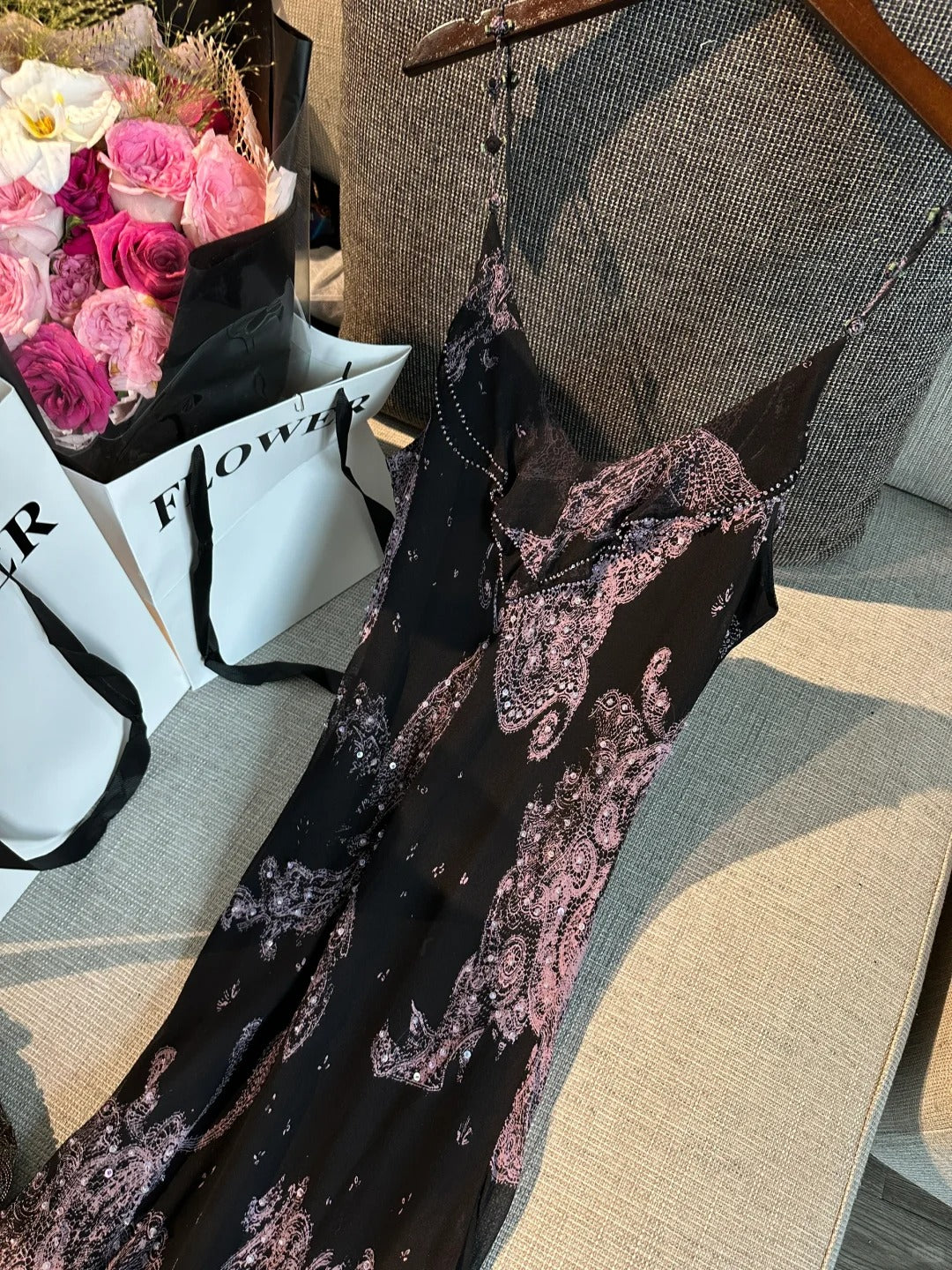 Vintage Black Pink Print Spaghetti Strap Mermaid Tulle Long Prom Dress Evening Dress P4779