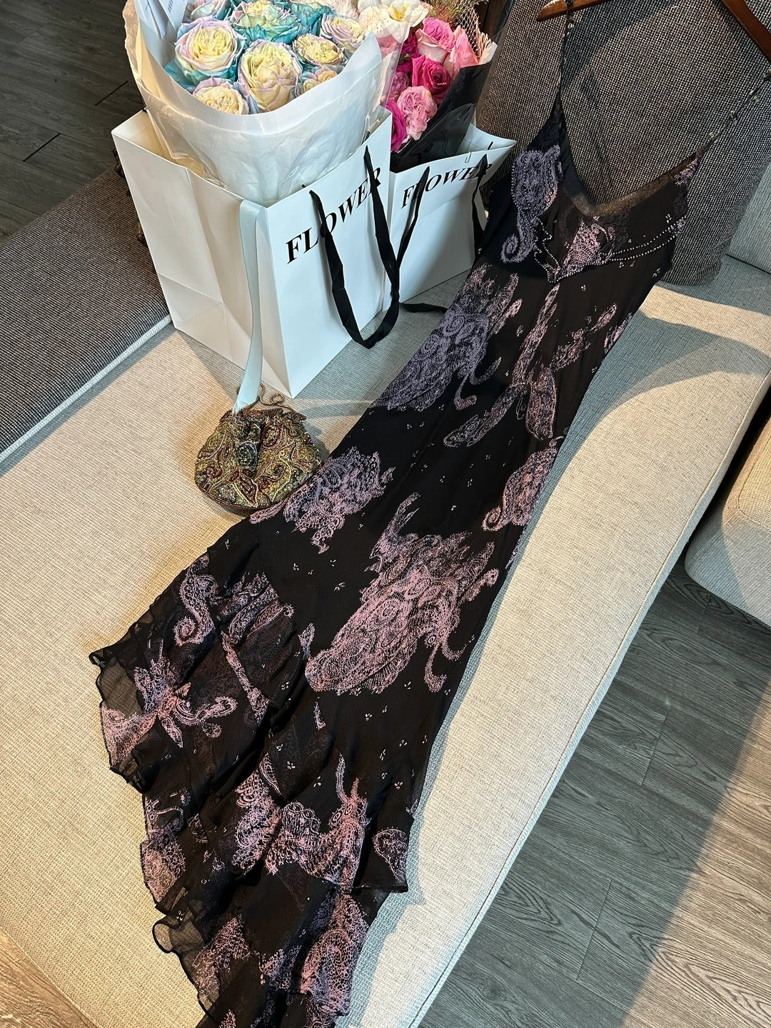 Vintage Black Pink Print Spaghetti Strap Mermaid Tulle Long Prom Dress Evening Dress P4779