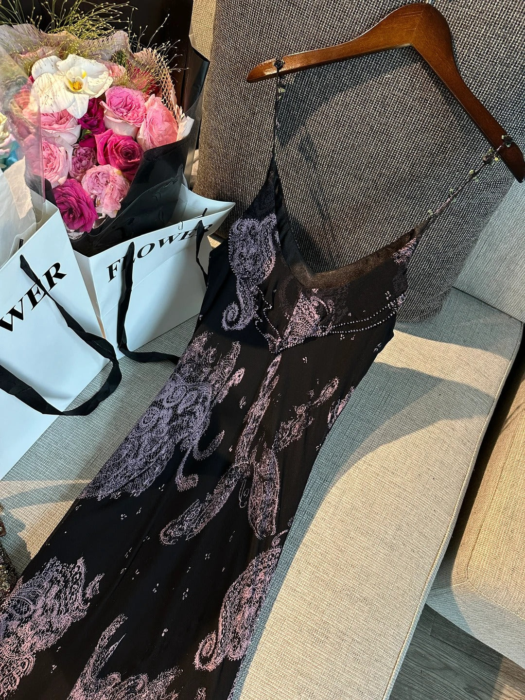 Vintage Black Pink Print Spaghetti Strap Mermaid Tulle Long Prom Dress Evening Dress P4779