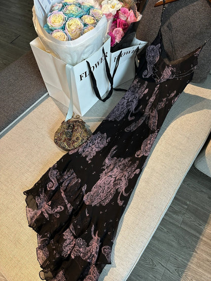 Vintage Black Pink Print Spaghetti Strap Mermaid Tulle Long Prom Dress Evening Dress P4779