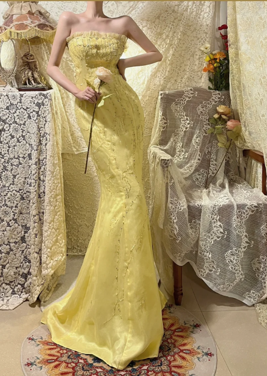 Sweet Strapless Yellow Tulle Satin Beaded Mermaid Long Prom Dress Birthday Party Gown