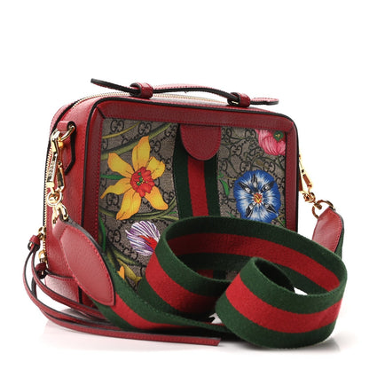 GG Supreme Monogram Flora Web Small Ophidia Top Handle Shoulder Bag Hibiscus Red