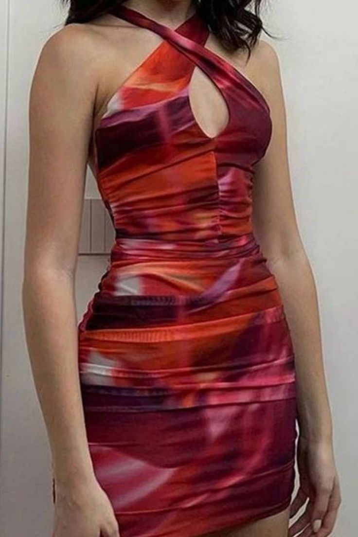Red tie-dye cross-neck design waist pleated slim fit hip skirt homecoming dress R3174