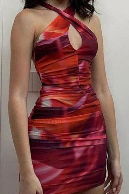 Red tie-dye cross-neck design waist pleated slim fit hip skirt homecoming dress R3174