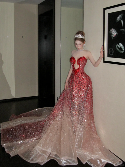 Vintage Gradient Red Sweetheart Strapless Mermaid Design Sexy Prom Dress Evening Dress TP4230