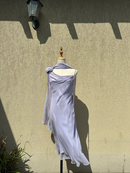 Elegant Lavender Spaghetti Strap Tassel Chiffon Prom Dress Evening Dress P4780