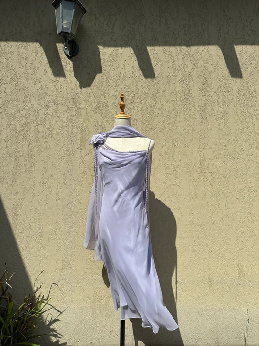 Elegant Lavender Spaghetti Strap Tassel Chiffon Prom Dress Evening Dress P4780