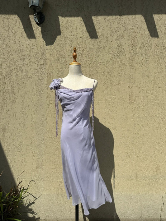 Elegant Lavender Spaghetti Strap Tassel Chiffon Prom Dress Evening Dress P4780