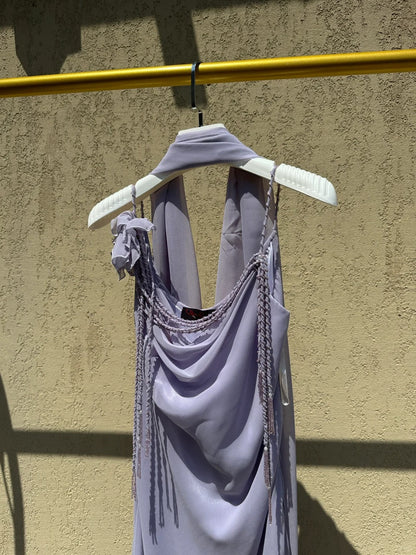 Elegant Lavender Spaghetti Strap Tassel Chiffon Prom Dress Evening Dress P4780