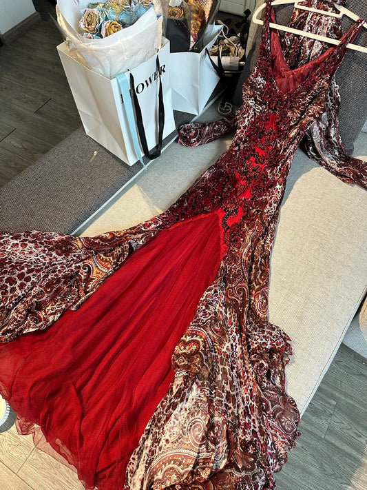 Vintage Red Brown Print Spaghetti Strap Mermaid Chiffon Long Prom Dress Evening Dress P4781