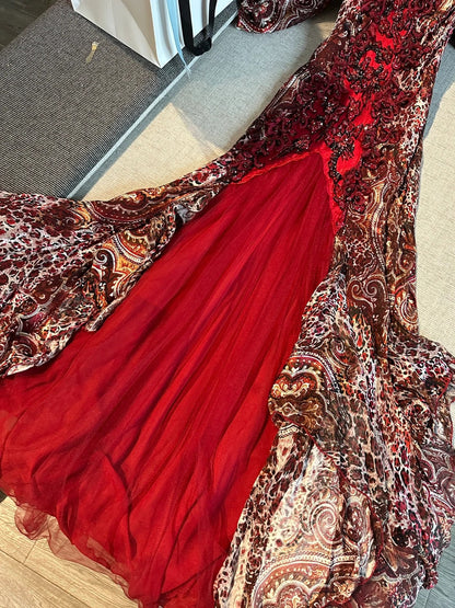 Vintage Red Brown Print Spaghetti Strap Mermaid Chiffon Long Prom Dress Evening Dress P4781