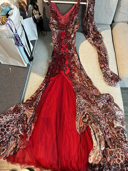 Vintage Red Brown Print Spaghetti Strap Mermaid Chiffon Long Prom Dress Evening Dress P4781