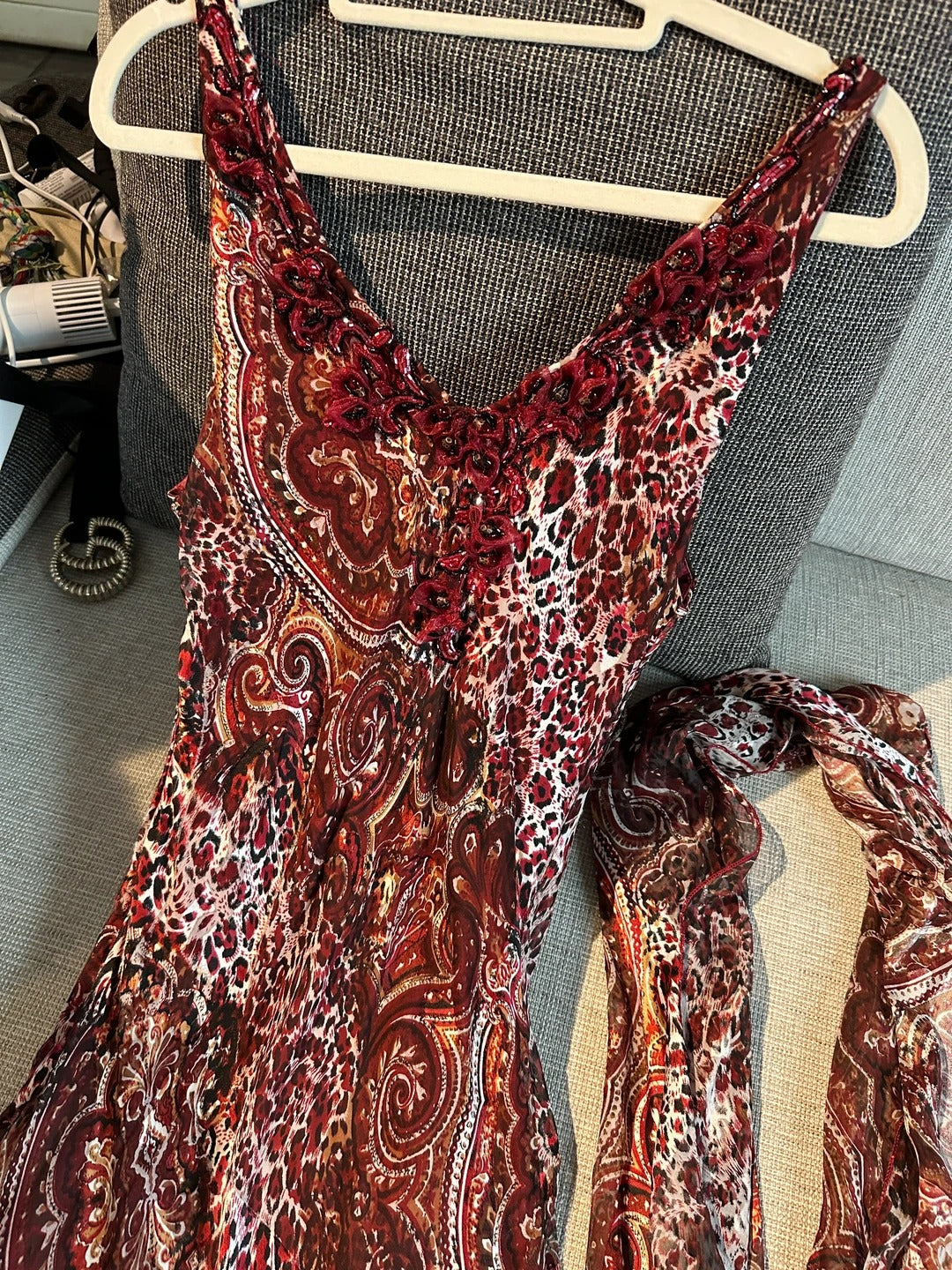 Vintage Red Brown Print Spaghetti Strap Mermaid Chiffon Long Prom Dress Evening Dress P4781