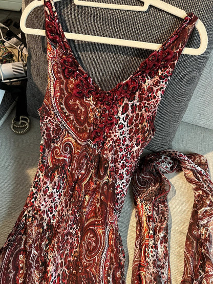 Vintage Red Brown Print Spaghetti Strap Mermaid Chiffon Long Prom Dress Evening Dress P4781