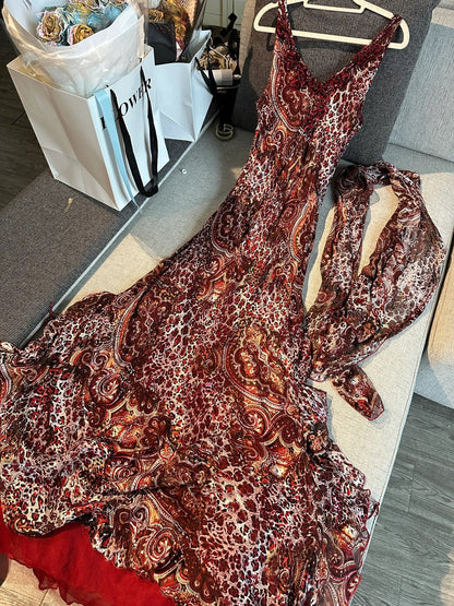 Vintage Red Brown Print Spaghetti Strap Mermaid Chiffon Long Prom Dress Evening Dress P4781
