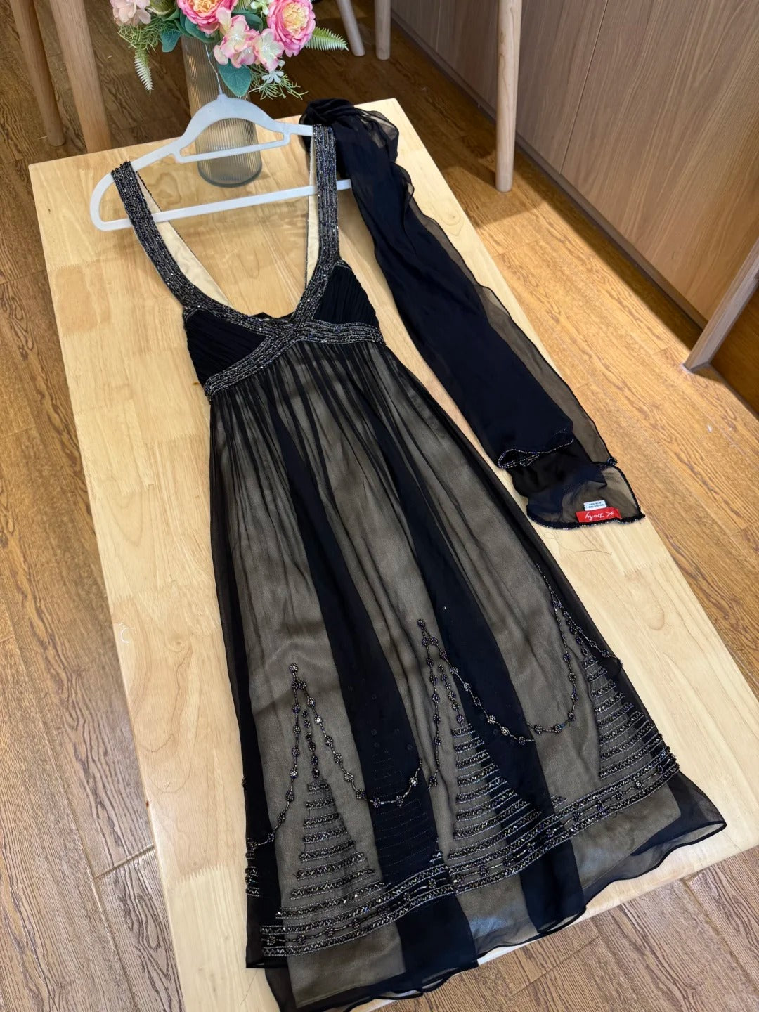 Elegant Black Spaghetti Strap V-Neck Beaded Tulle Prom Dress Evening Dress P4782