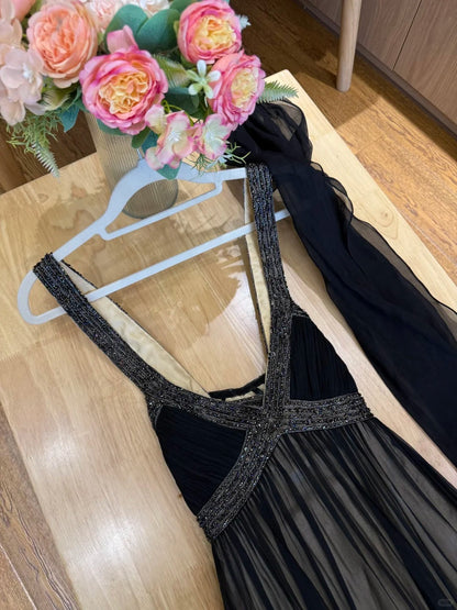 Elegant Black Spaghetti Strap V-Neck Beaded Tulle Prom Dress Evening Dress P4782
