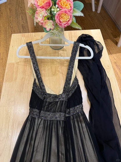 Elegant Black Spaghetti Strap V-Neck Beaded Tulle Prom Dress Evening Dress P4782