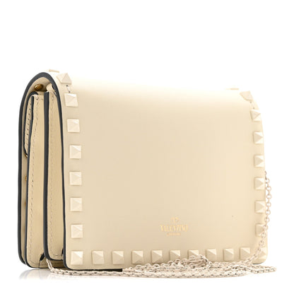 Calfskin Lacquer Monochrome Rockstud Wallet On Chain Ivory