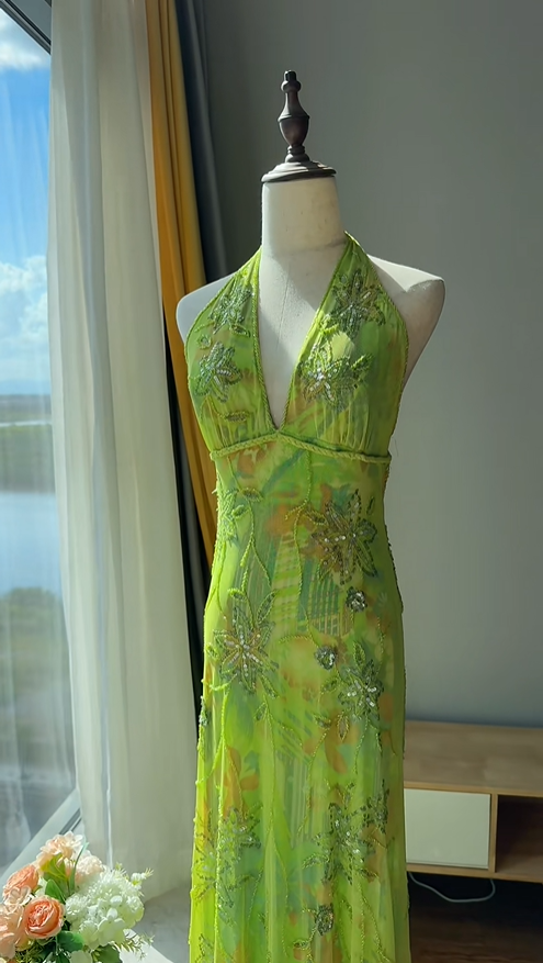 Stunning Green Halter V-Neck Beaded Chiffon Long Prom Dress Birthday Dress P4783