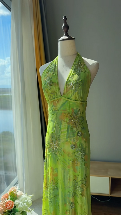 Stunning Green Halter V-Neck Beaded Chiffon Long Prom Dress Birthday Dress P4783