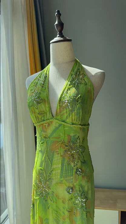 Stunning Green Halter V-Neck Beaded Chiffon Long Prom Dress Birthday Dress P4783