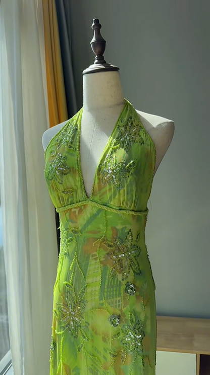 Stunning Green Halter V-Neck Beaded Chiffon Long Prom Dress Birthday Dress P4783