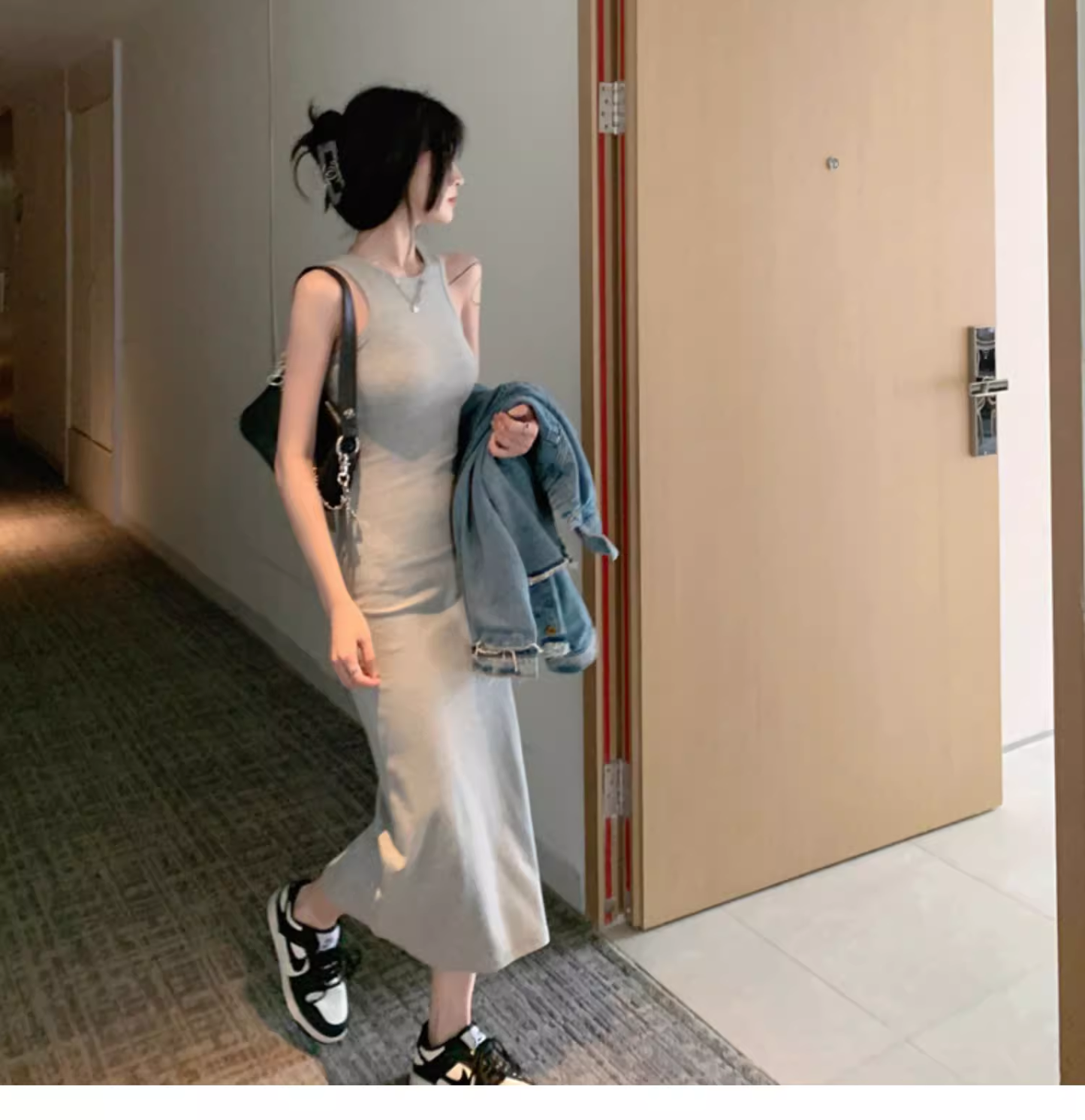 Simple Women Fashion Gray Black Halter Dress TP2988