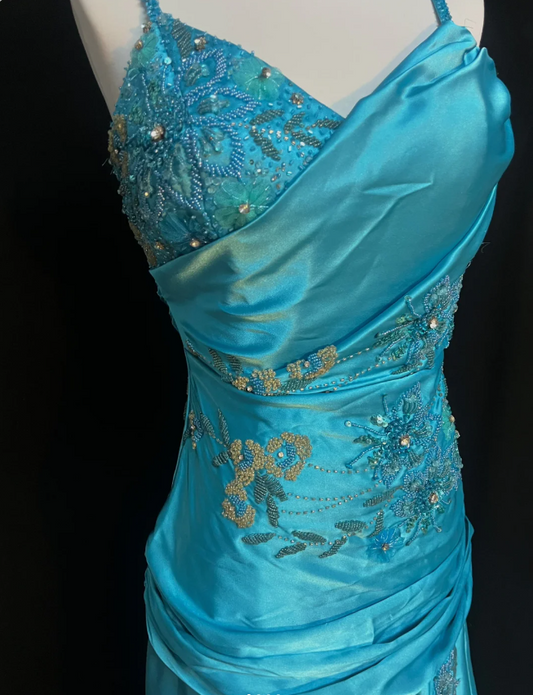 Luxurious Lake Blue Spaghetti Strap Beaded Ruffled Satin Long Prom Dress Evening Dress P4785