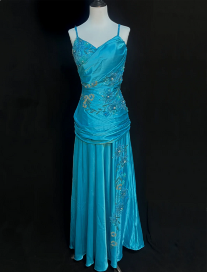 Luxurious Lake Blue Spaghetti Strap Beaded Ruffled Satin Long Prom Dress Evening Dress P4785