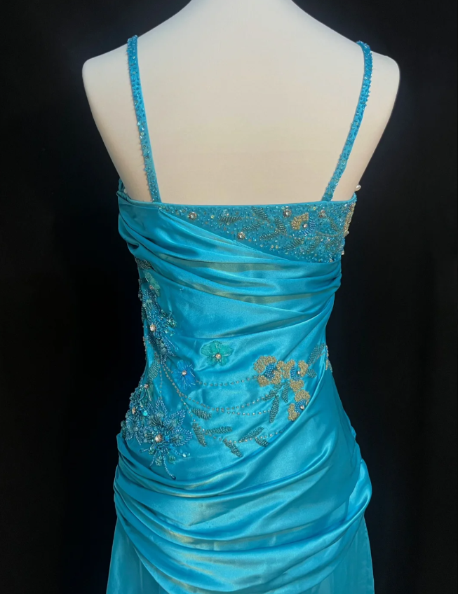Luxurious Lake Blue Spaghetti Strap Beaded Ruffled Satin Long Prom Dress Evening Dress P4785