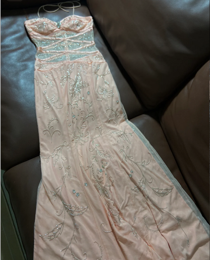 Sweet Pink Halter Neck Mermaid Beaded Sheer Tulle Long Prom Dress Birthday Dress P4786